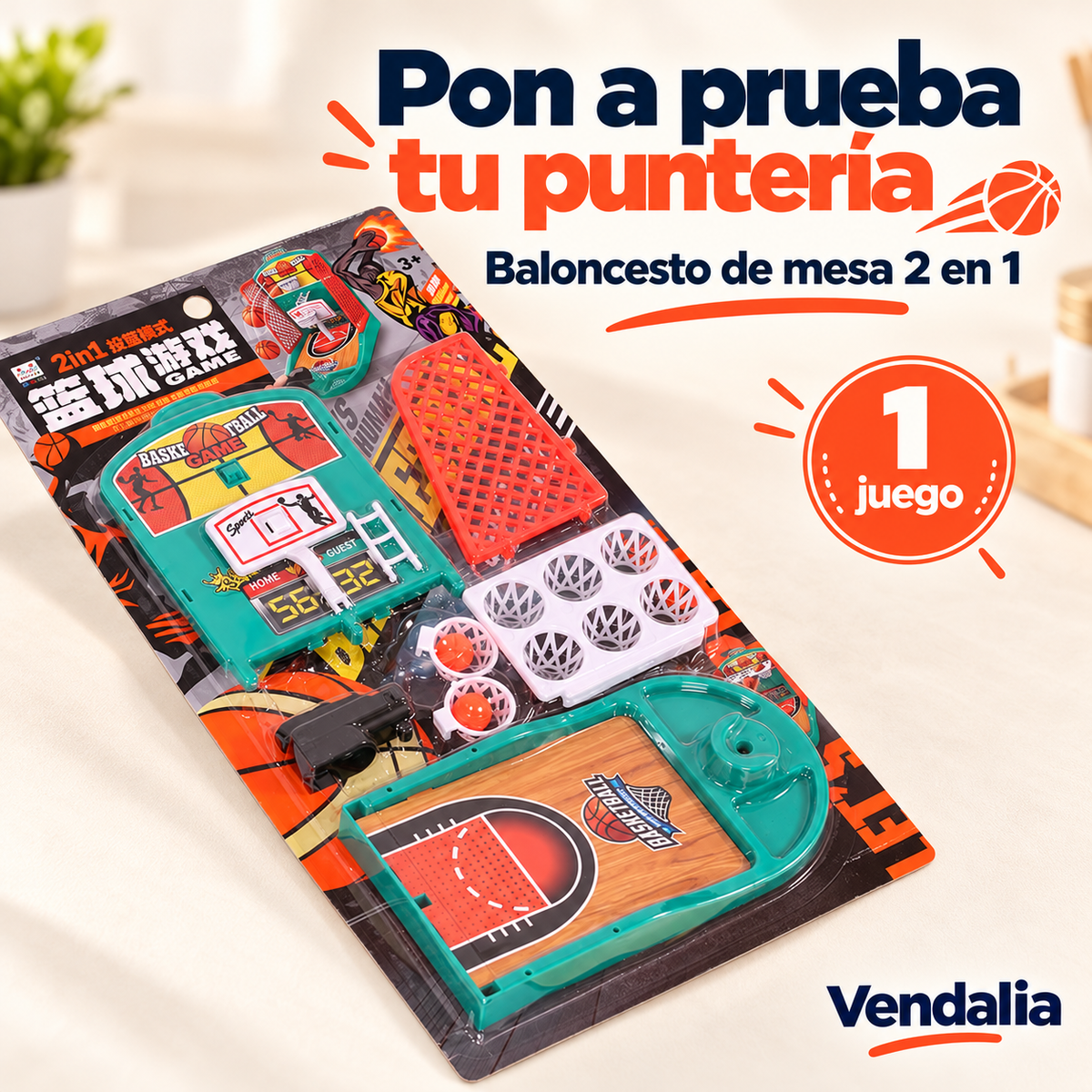 Juego de baloncesto de mesa 2 en 1, presentación completa — Vendalia