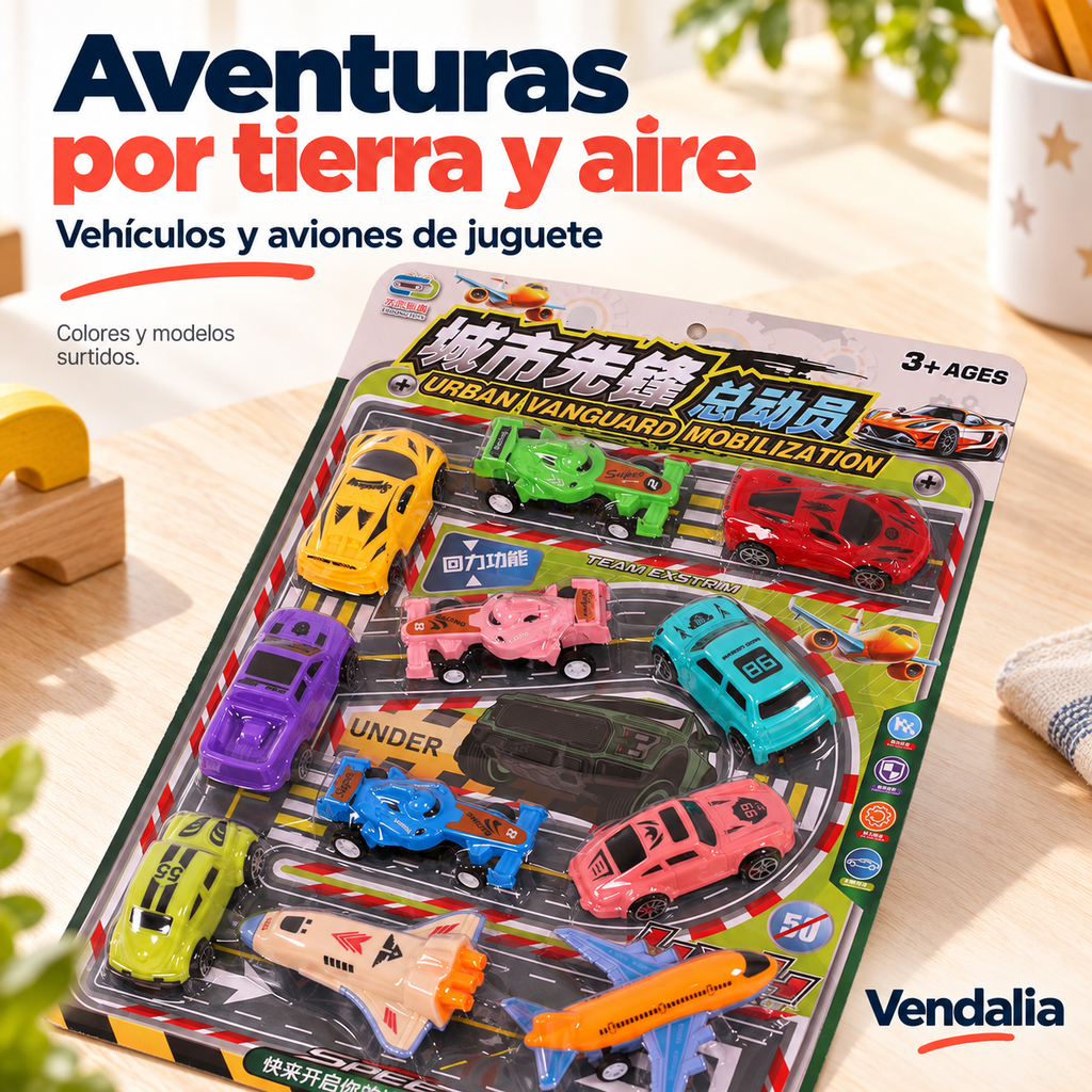 Set de vehículos y aviones; colores y modelos surtidos — Vendalia