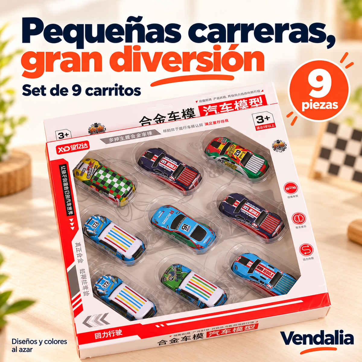 Set de 9 carritos de carreras; diseños y colores al azar — Vendalia