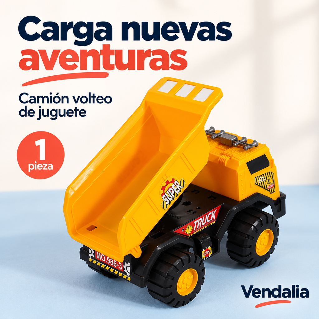 Camión volteo amarillo con negro y caja levantada, 1 pieza — Vendalia