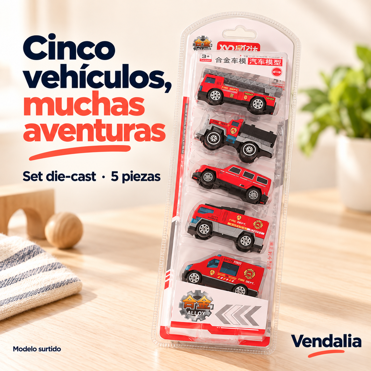Set de 5 vehículos die-cast; colección surtida de ejemplo — Vendalia