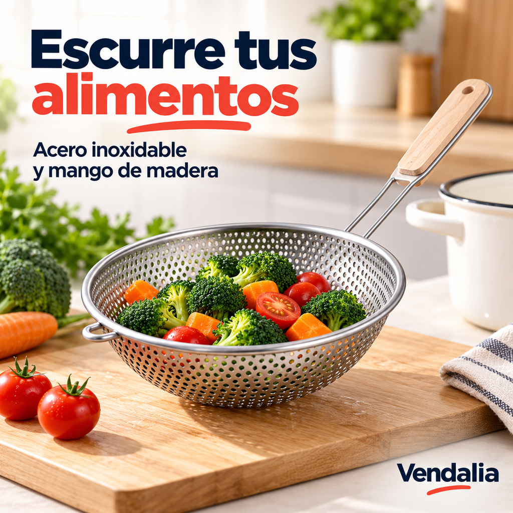 Colador de acero con mango de madera. Portada Vendalia.