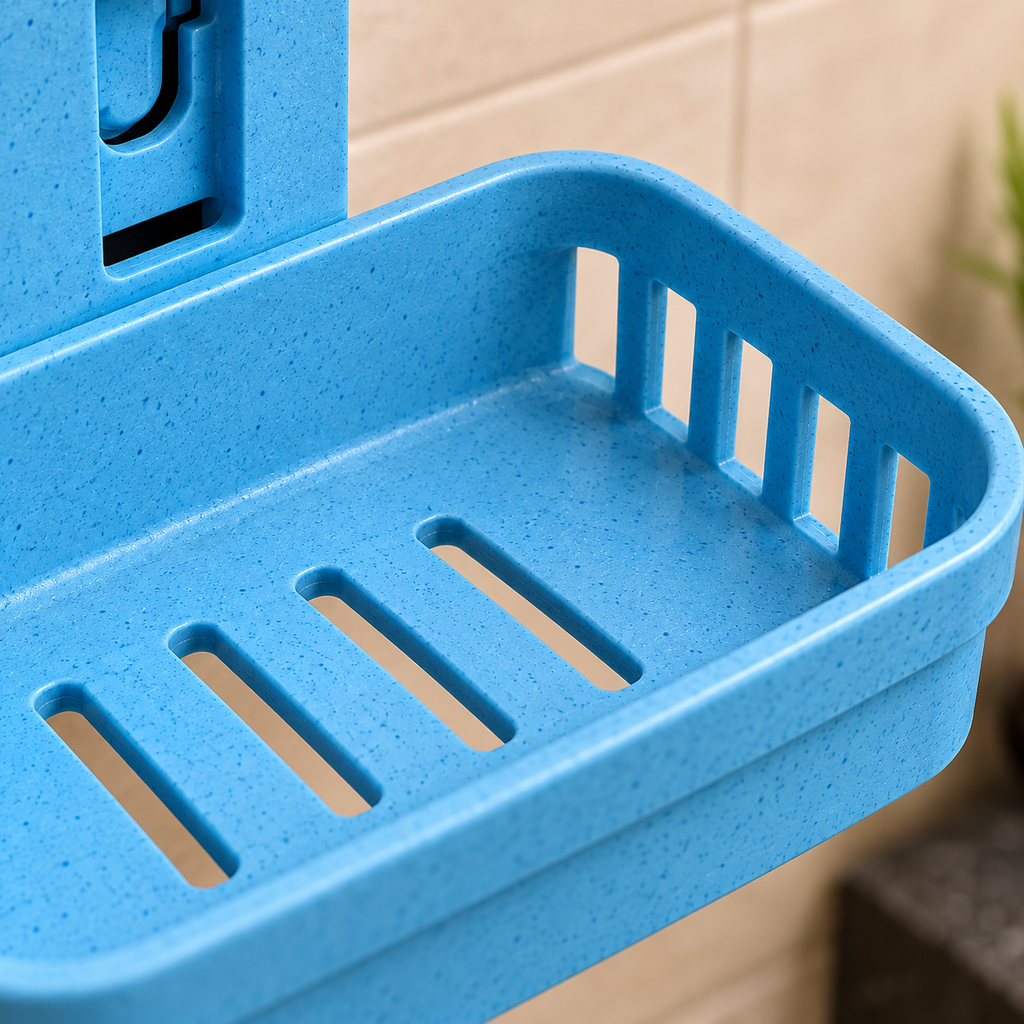 Jabonera de plástico azul con pequeñas motas — detalle del producto