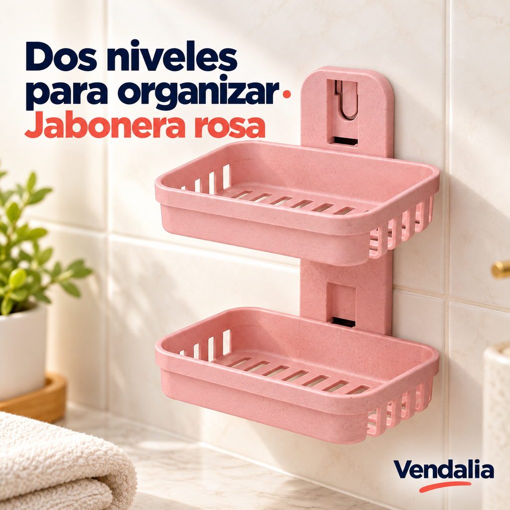 Jabonera doble de pared rosa, dos bandejas rectangulares redondeadas con rejillas laterales y de fondo, columna vertical plana con gancho superior encajado — portada Vendalia