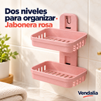 Jabonera doble de pared rosa, dos bandejas rectangulares redondeadas con rejillas laterales y de fondo, columna vertical plana con gancho superior encajado — portada Vendalia