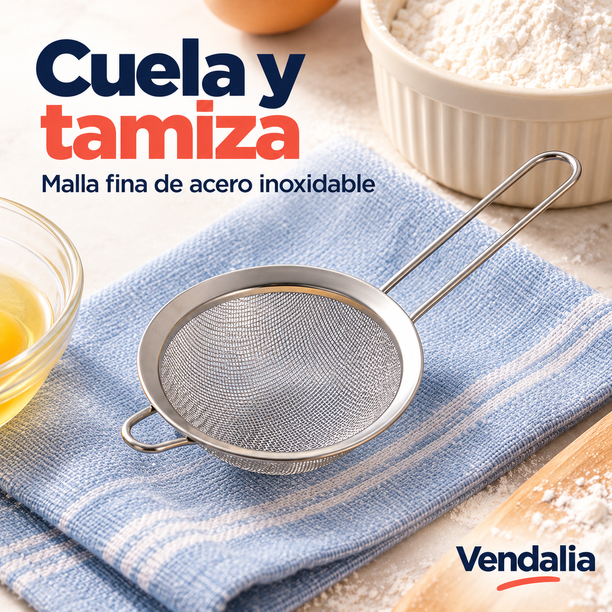 Colador plateado de malla fina. Portada Vendalia.