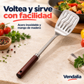 Espátula plateada de acero con mango de madera. Portada Vendalia.