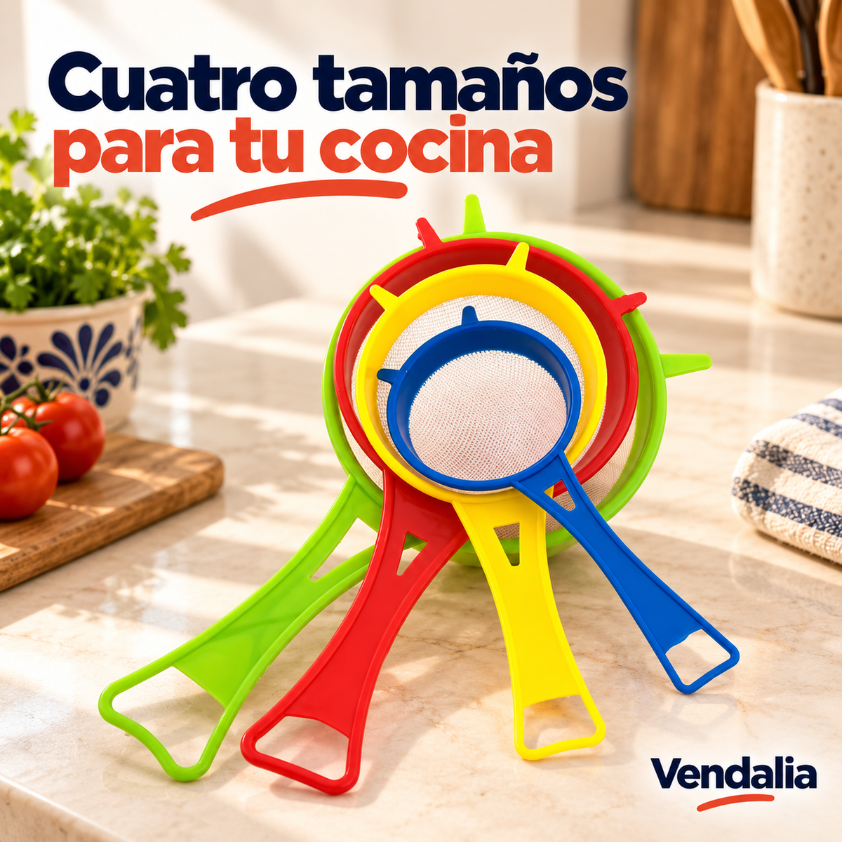 Set de cuatro coladores de distintos tamaños · portada Vendalia
