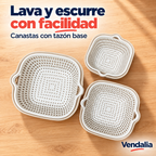 Set de canastas escurridoras blancas con tazones beige. Portada Vendalia.