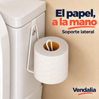 Soporte lateral para papel de alambre metálico pintado blanco, gancho plano superior sobre tanque, espalda larga doblada y eje vertical doblado dentro del rollo — portada Vendalia