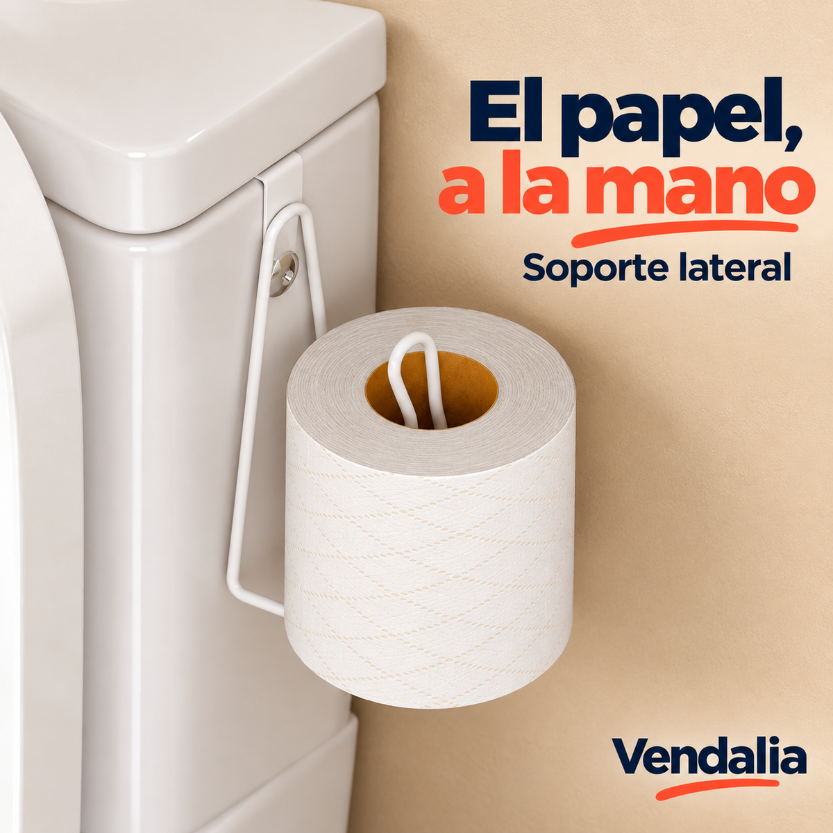 Soporte lateral para papel de alambre metálico pintado blanco, gancho plano superior sobre tanque, espalda larga doblada y eje vertical doblado dentro del rollo — portada Vendalia