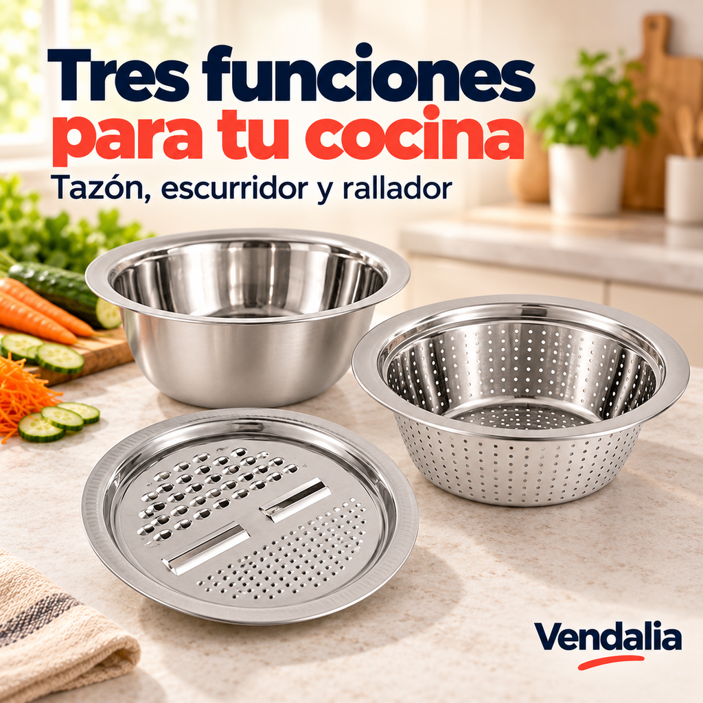 Juego de acero de tazón, escurridor y rallador. Portada Vendalia.