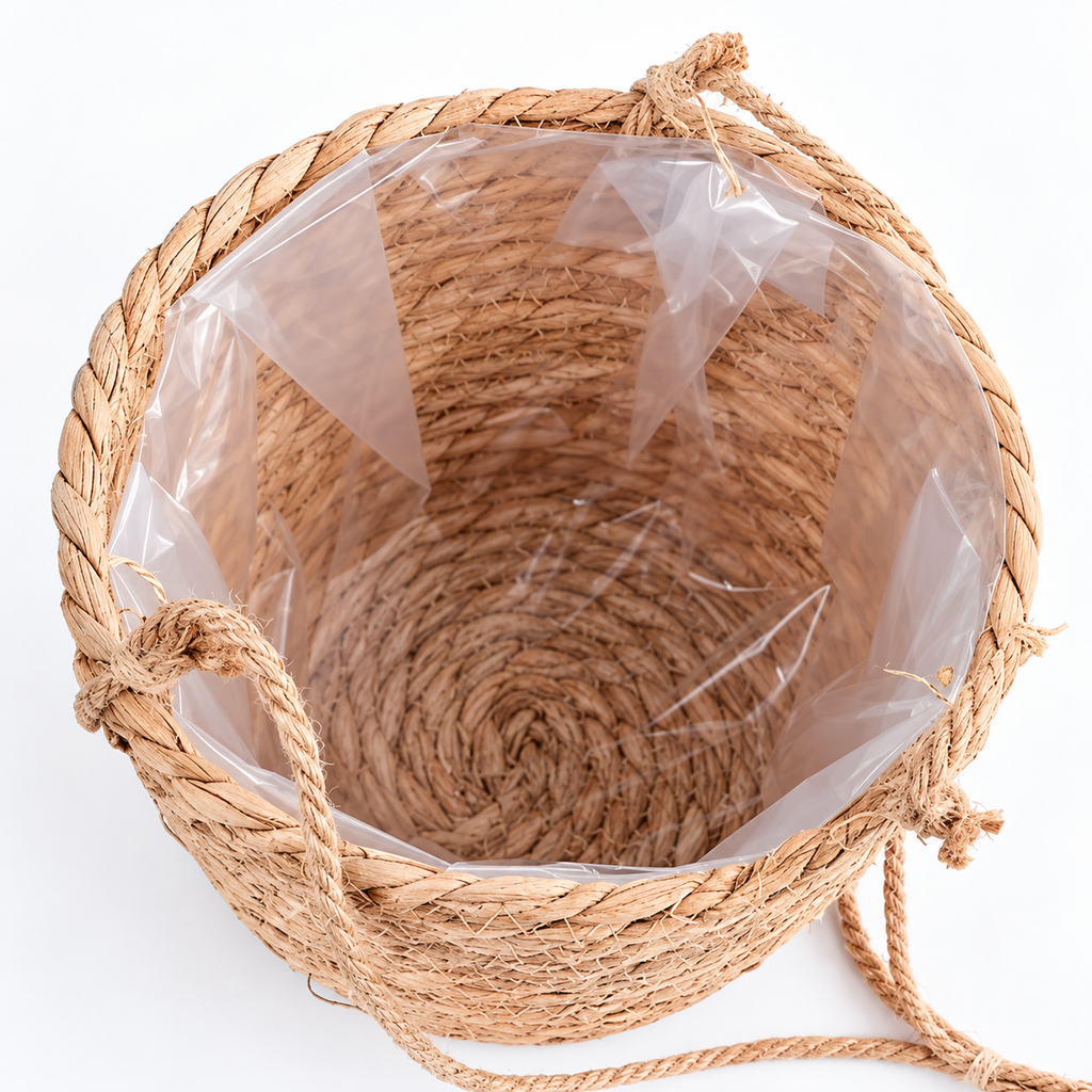 Maceta tejida de fibra natural con forro plástico transparente — detalle del producto