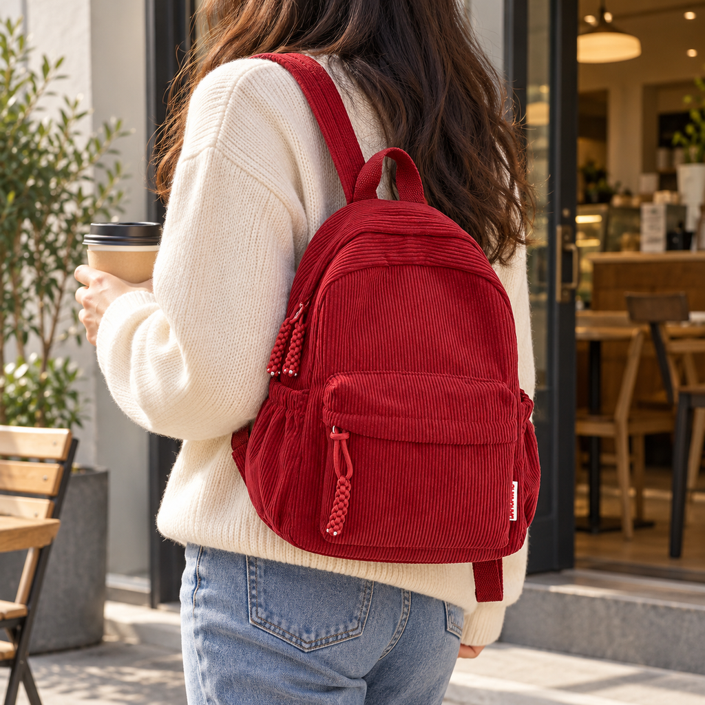 Mochila de pana roja — vista de uso — SKU 53722