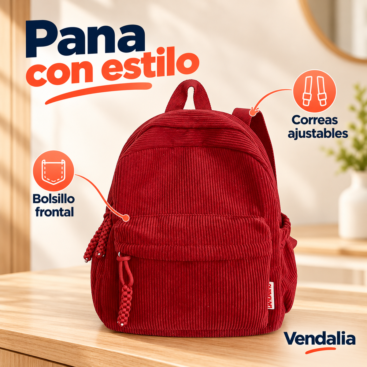 Mochila de pana roja — portada Vendalia — SKU 53722