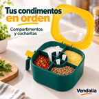 Organizador verde de condimentos con tapa amarilla. Portada Vendalia.