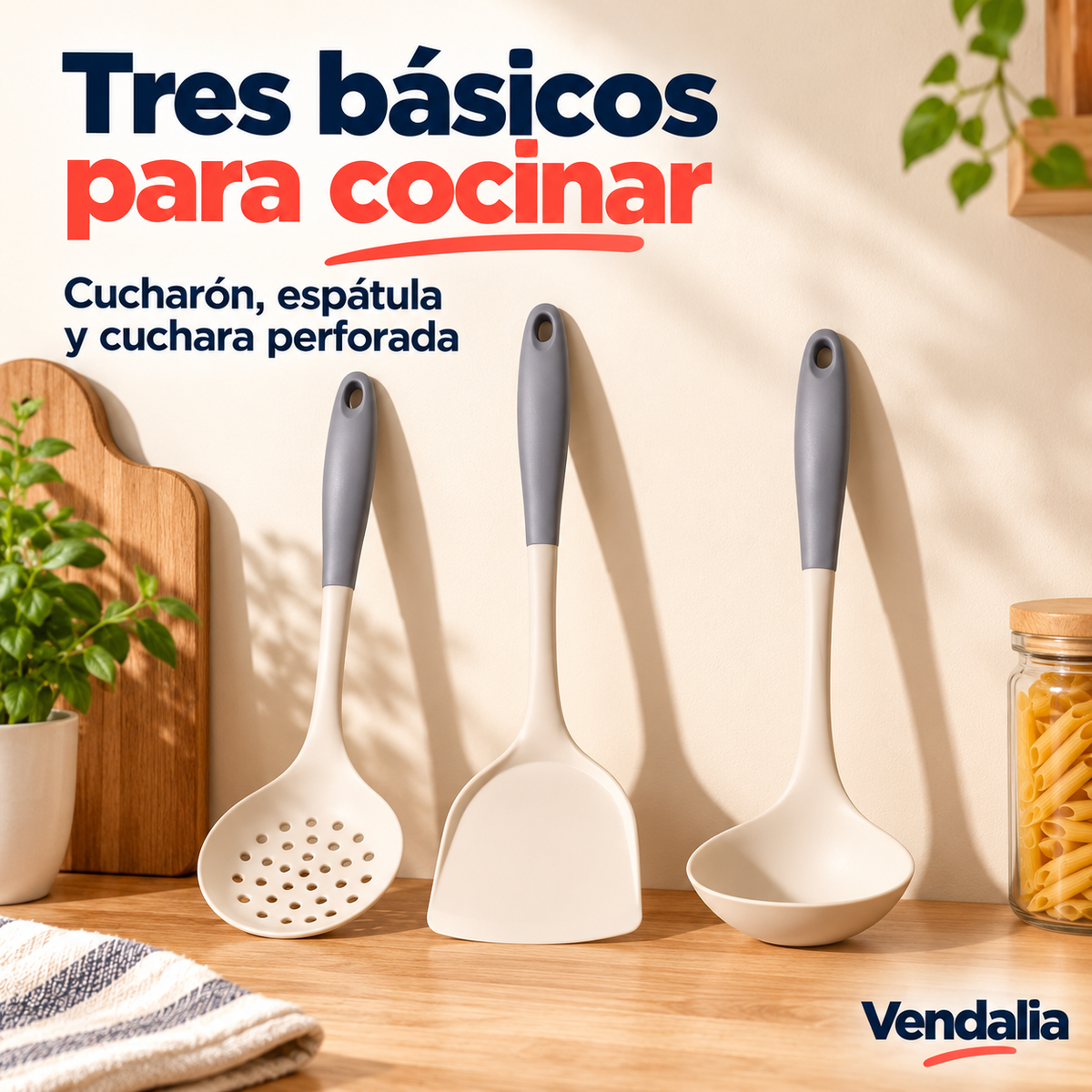 Juego de tres utensilios gris y crema. Portada Vendalia.
