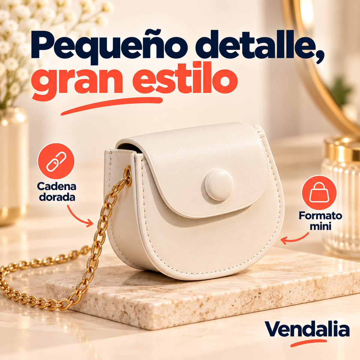Mini bandolera blanco marfil con cadena — portada Vendalia — SKU 53737