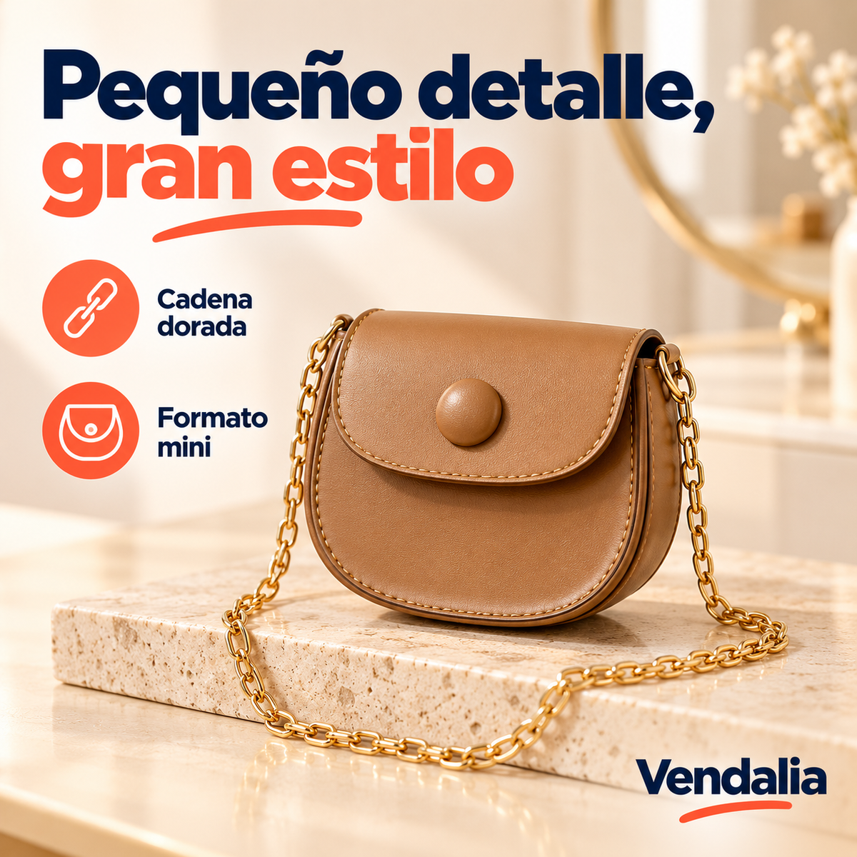 Mini bandolera café claro caramelo con cadena — portada Vendalia — SKU 53738