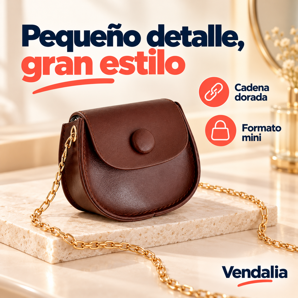 Mini bandolera café oscuro con cadena — portada Vendalia — SKU 53739