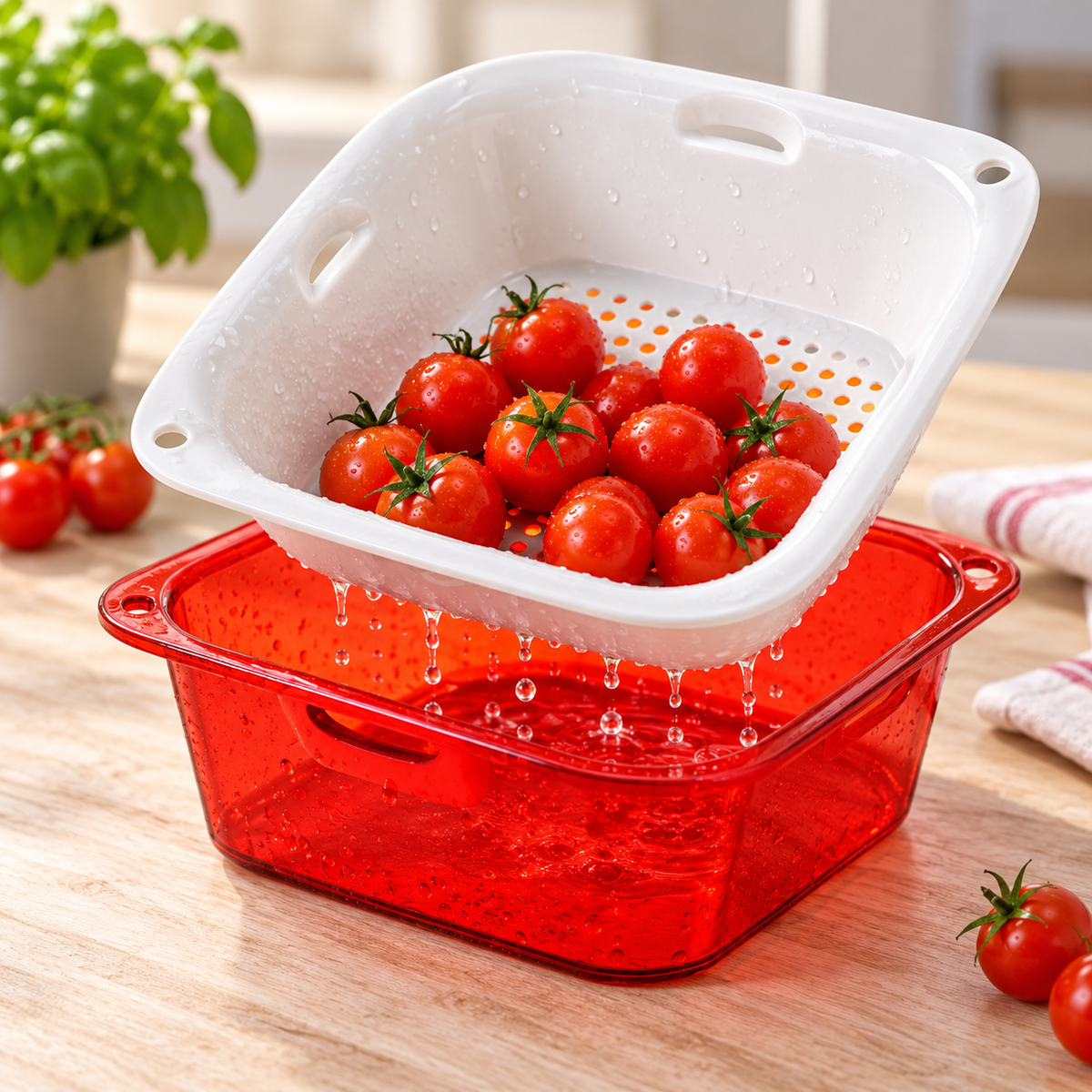 Juego de tres coladores blancos con recipientes rojos. Detalle de uso.