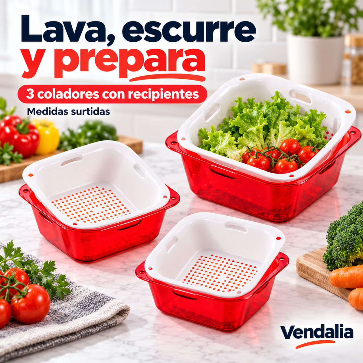 Juego de tres coladores blancos con recipientes rojos. Portada Vendalia.