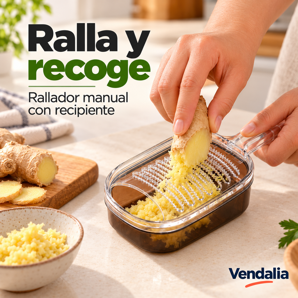 Rallador transparente con recipiente color humo. Portada Vendalia.