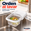 Colador transparente para fregadero con soporte blanco. Portada Vendalia.