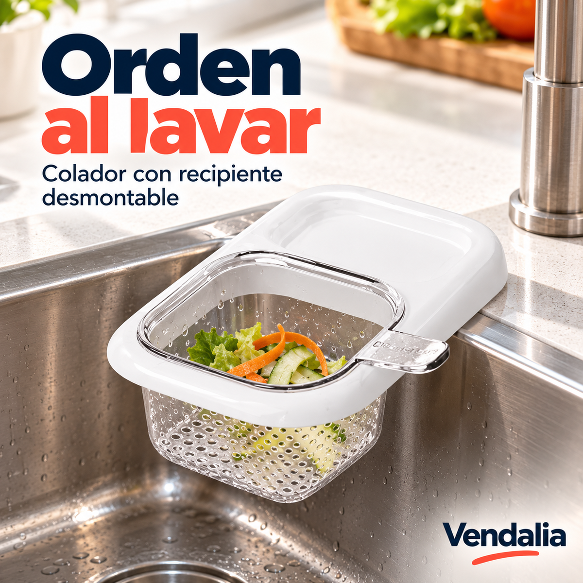 Colador transparente para fregadero con soporte blanco. Portada Vendalia.