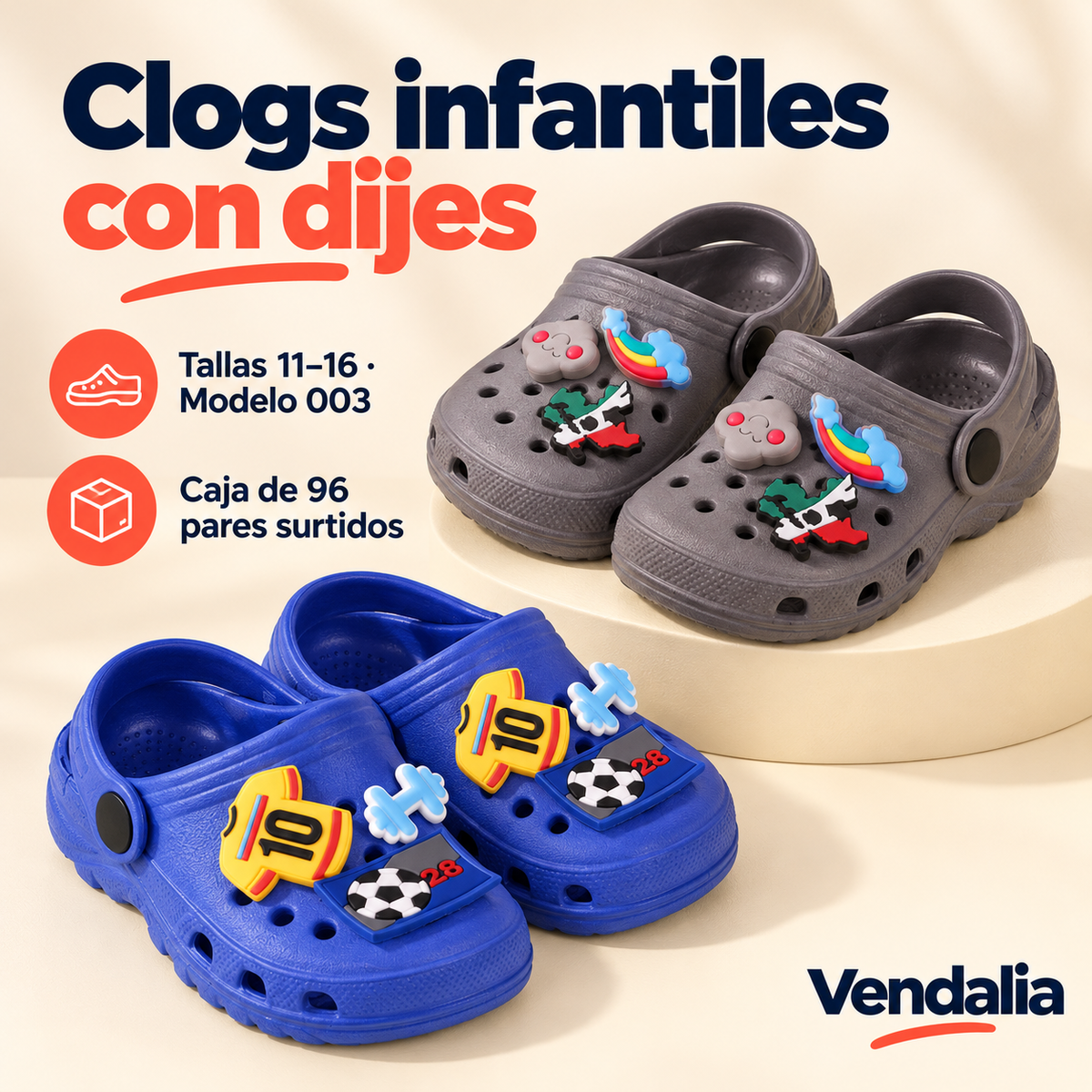 Clogs infantiles con dijes · presentación Vendalia · SKU 53813