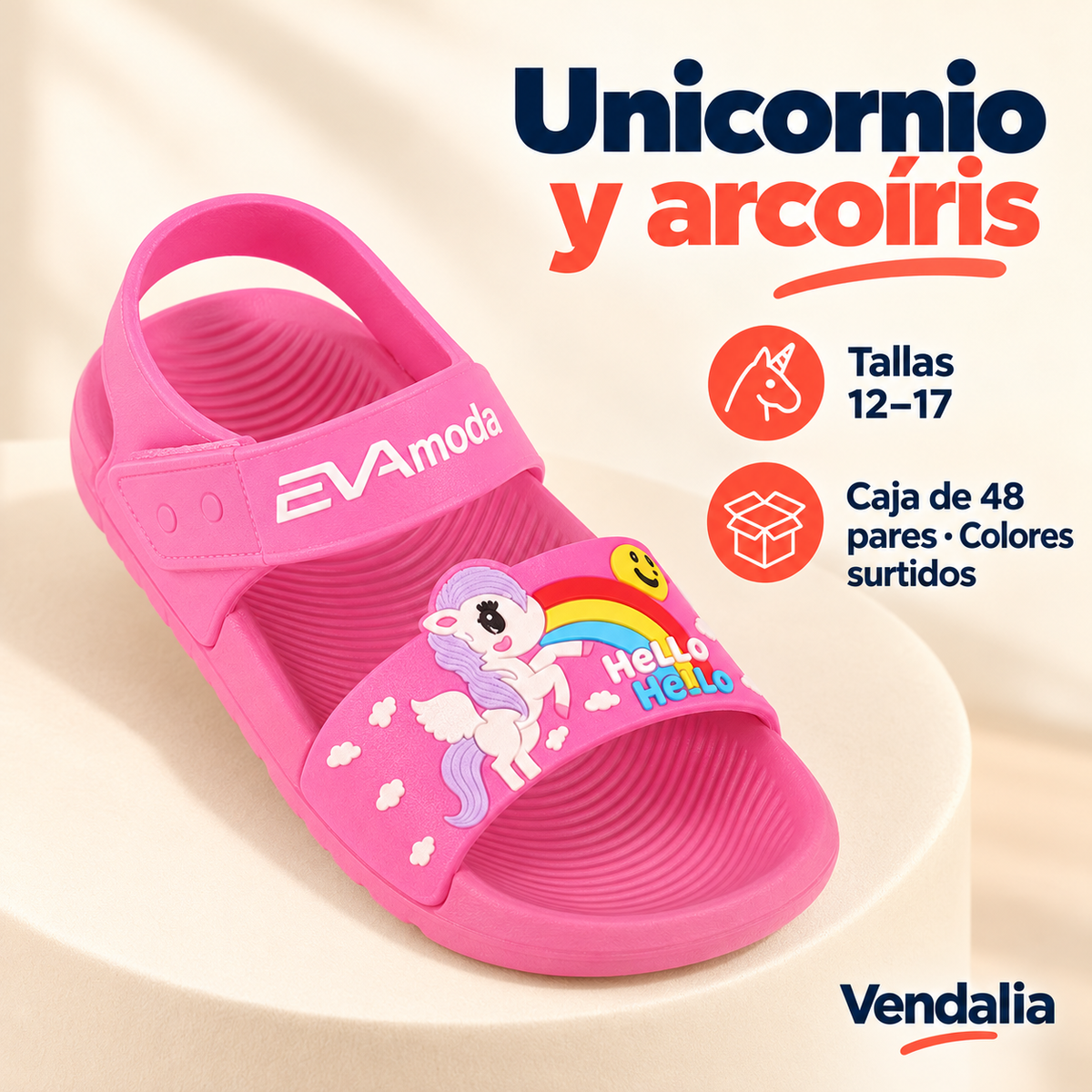 Unicornio y arcoíris · presentación Vendalia · SKU 53858