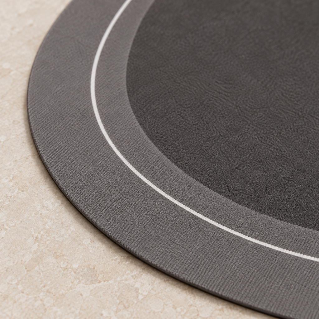 Tapete ovalado gris para baño — detalle