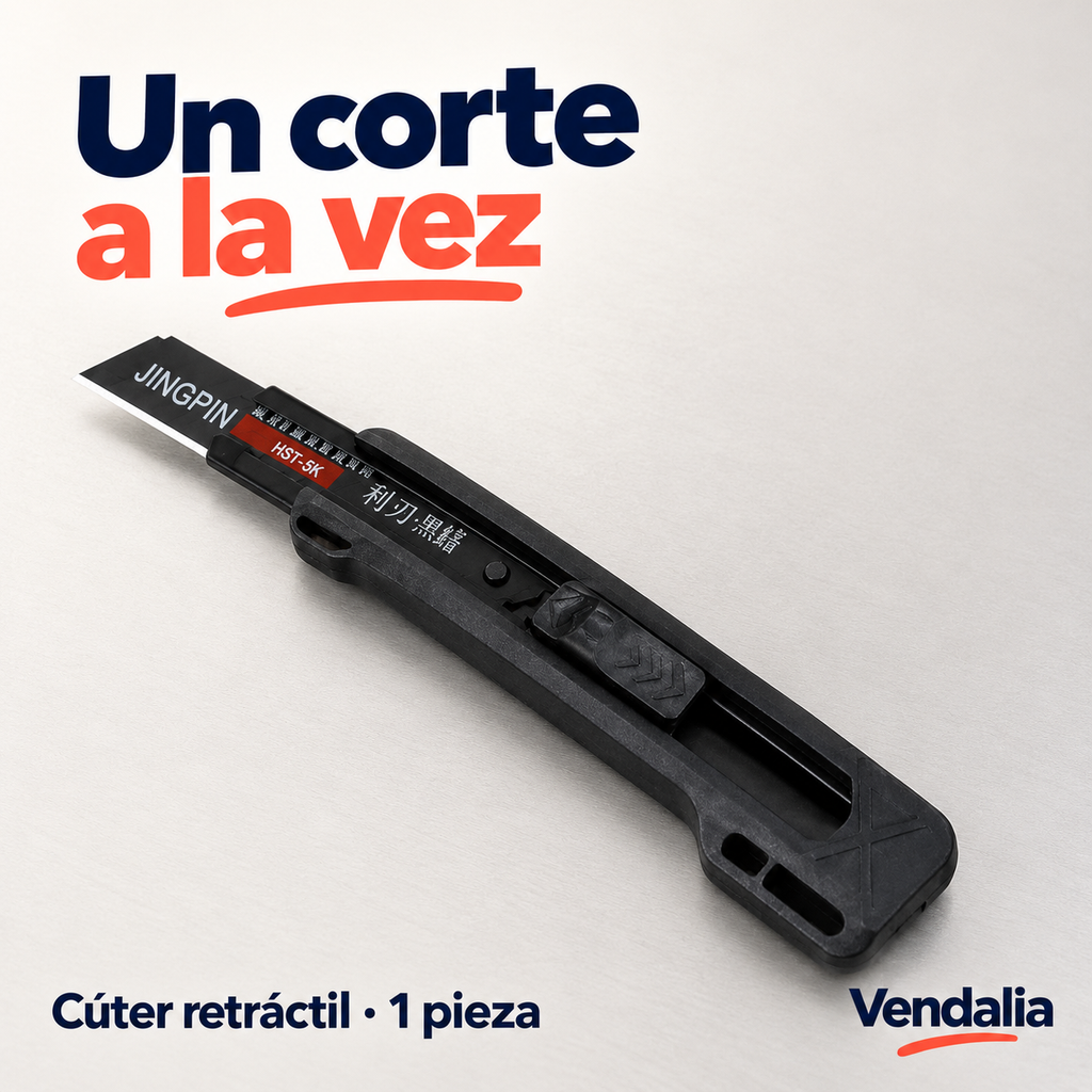 Cúter retráctil negro con hoja deslizable, portada — Vendalia