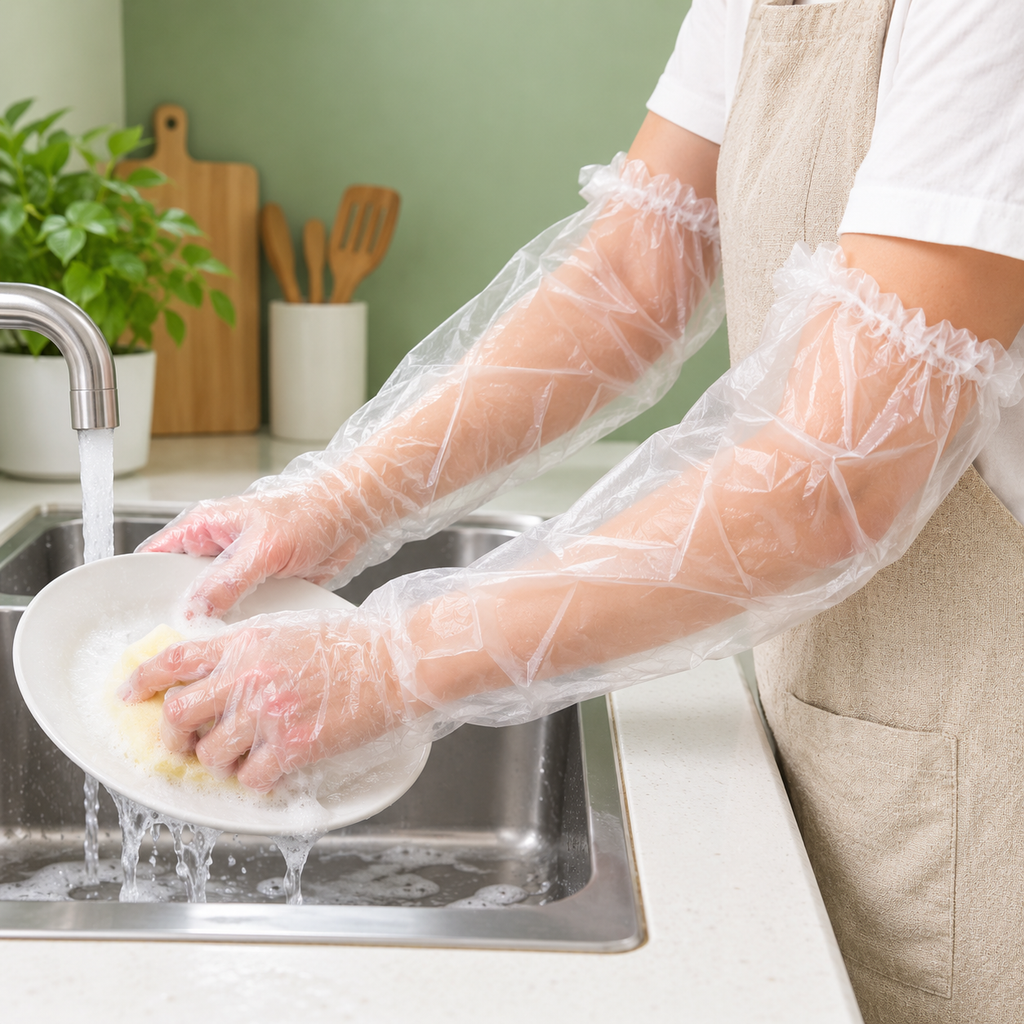 Guantes largos transparentes en uso al lavar un plato.