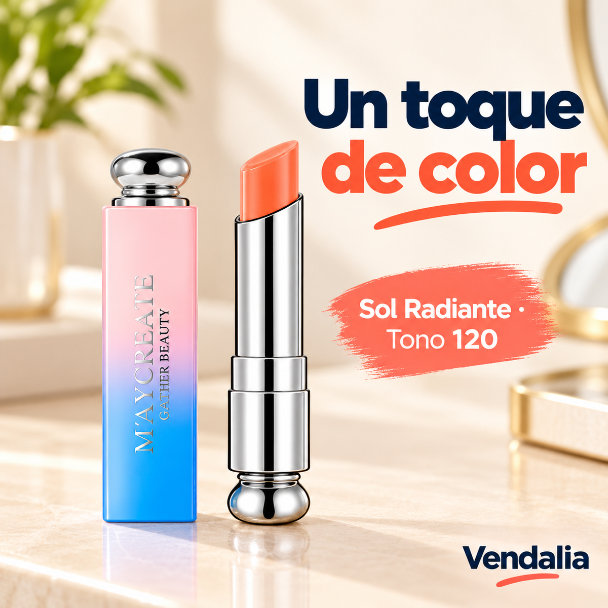Labial Sol Radiante tono 120 naranja cálido con su tapa degradada rosa y azul.
