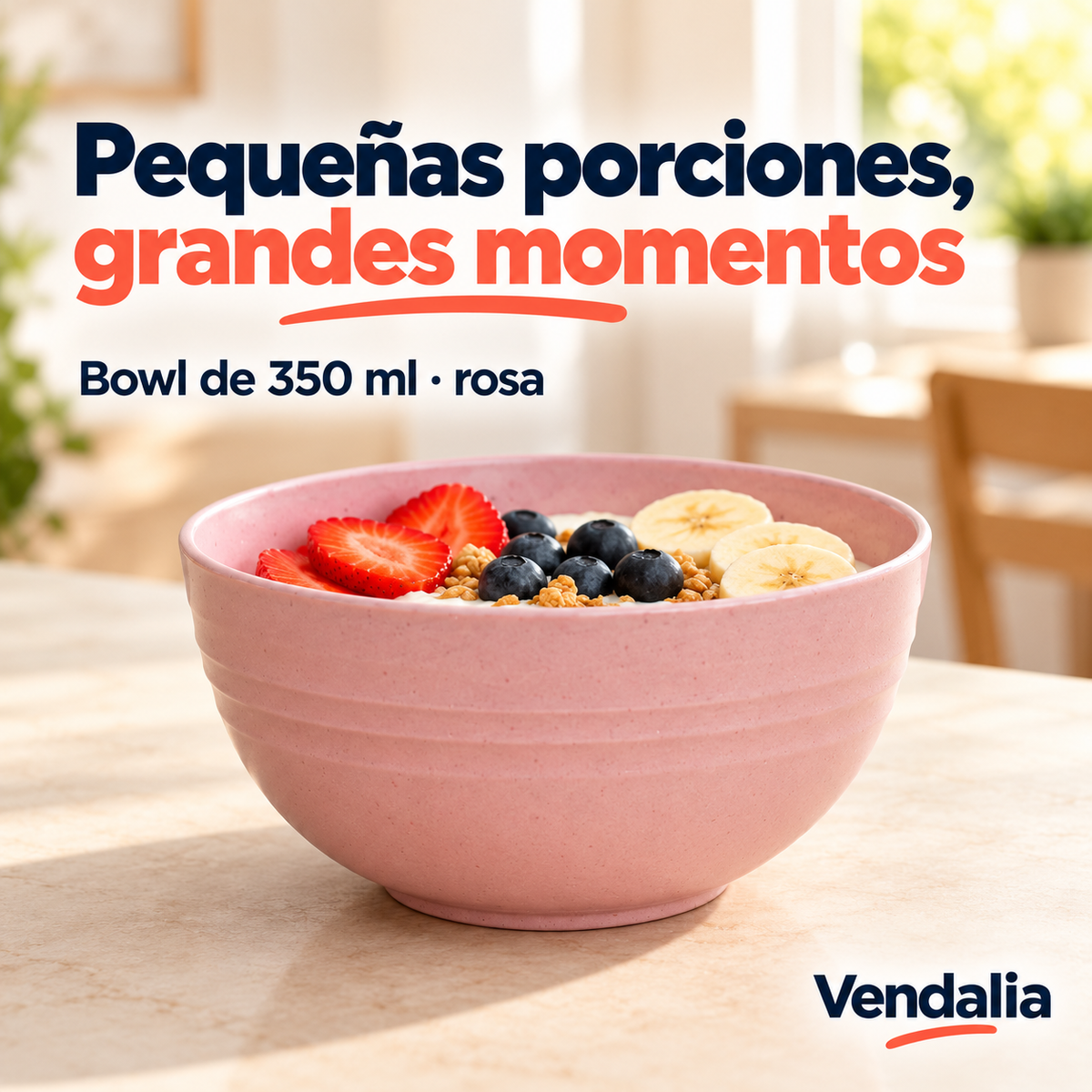 Bowl redondo rosa moteado de 350 ml; portada Vendalia. Alimentos no incluidos.