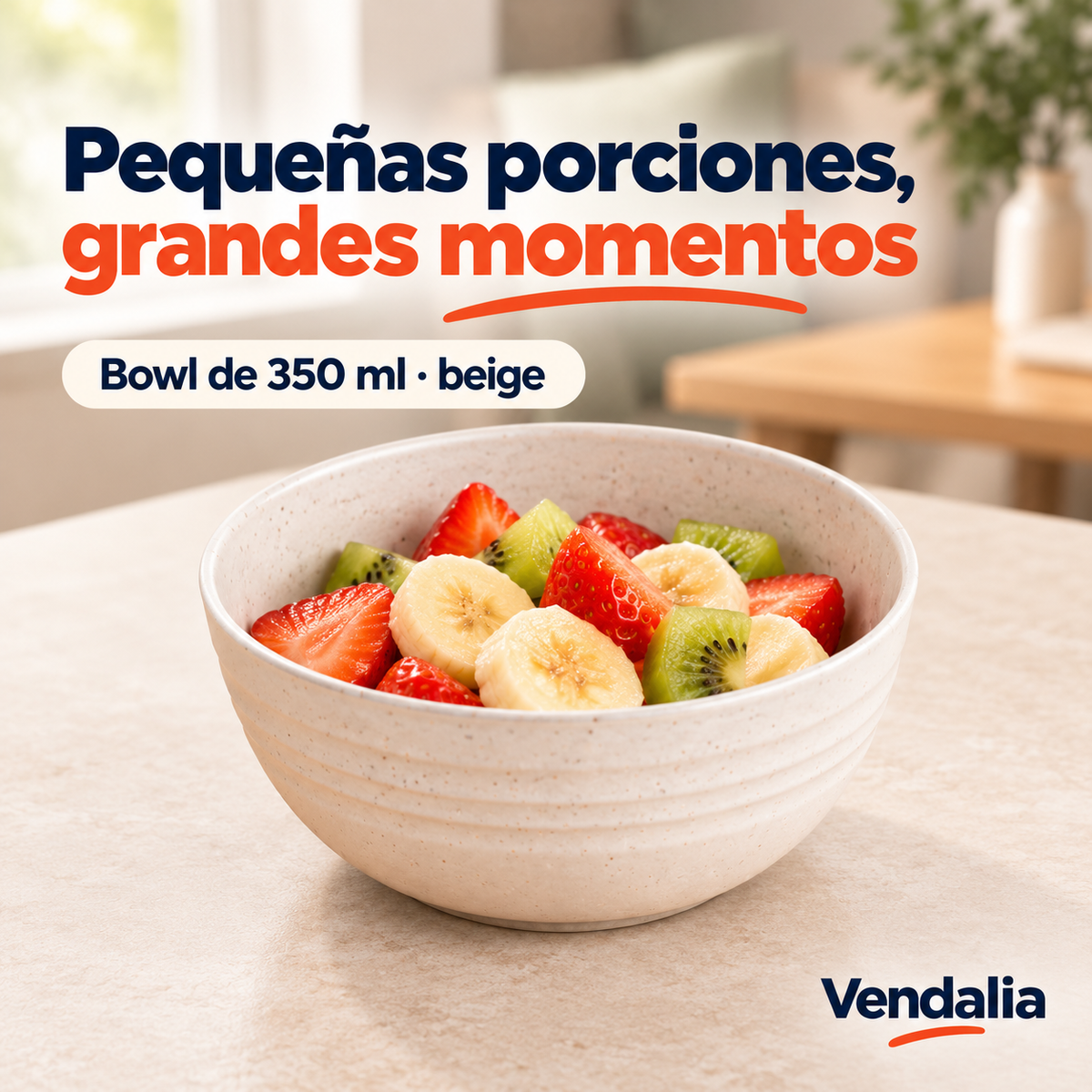 Bowl redondo beige moteado de 350 ml; portada Vendalia. Alimentos no incluidos.