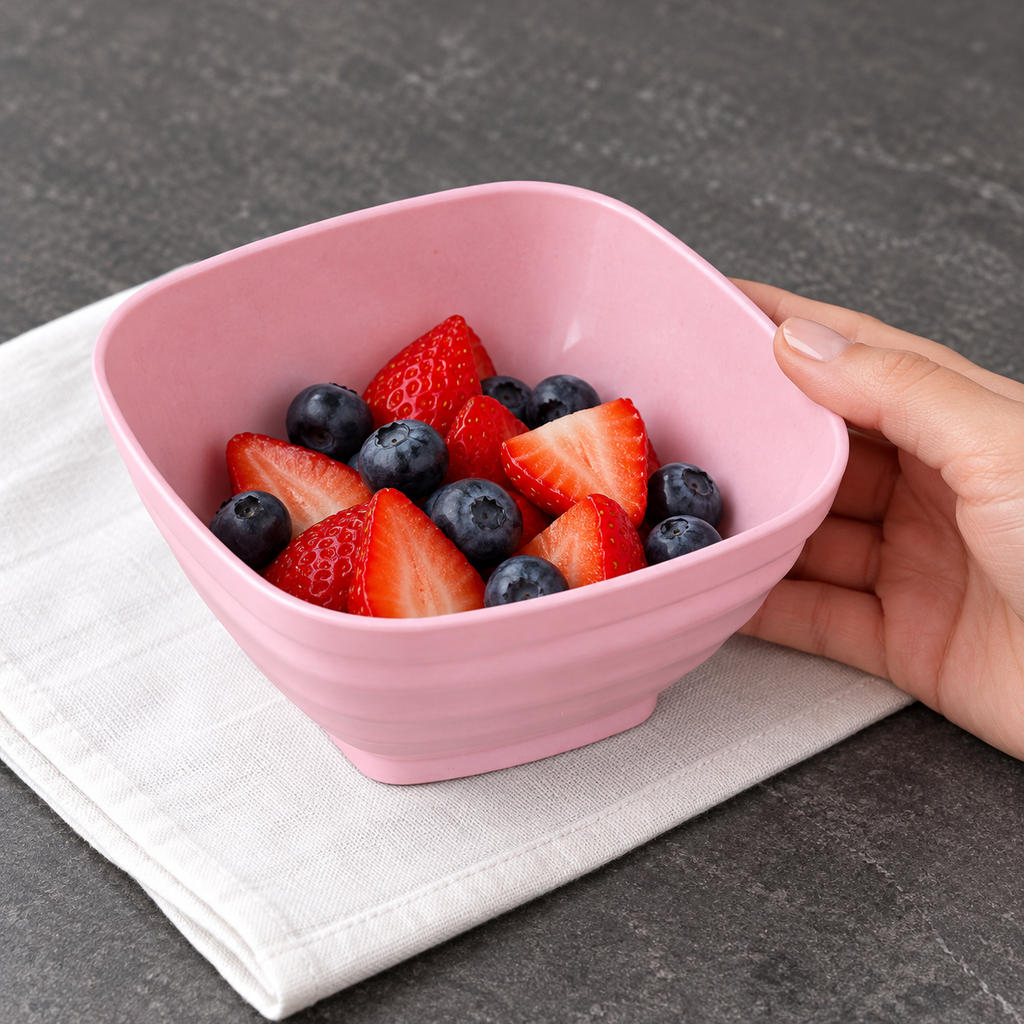 Bowl cuadrado rosa visto desde arriba en uso para servir fruta; alimentos no incluidos.