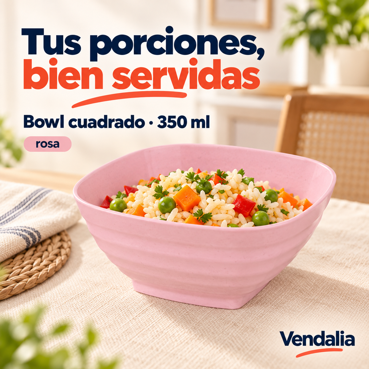 Bowl cuadrado rosa de 350 ml, portada Vendalia; venta por pieza. Alimentos no incluidos.