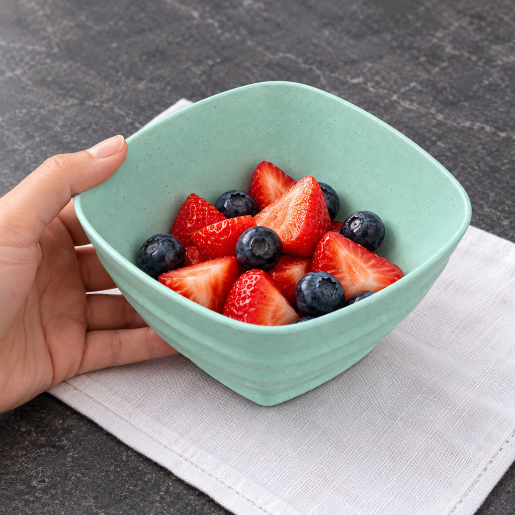 Bowl cuadrado verde menta visto desde arriba en uso para servir fruta; alimentos no incluidos.