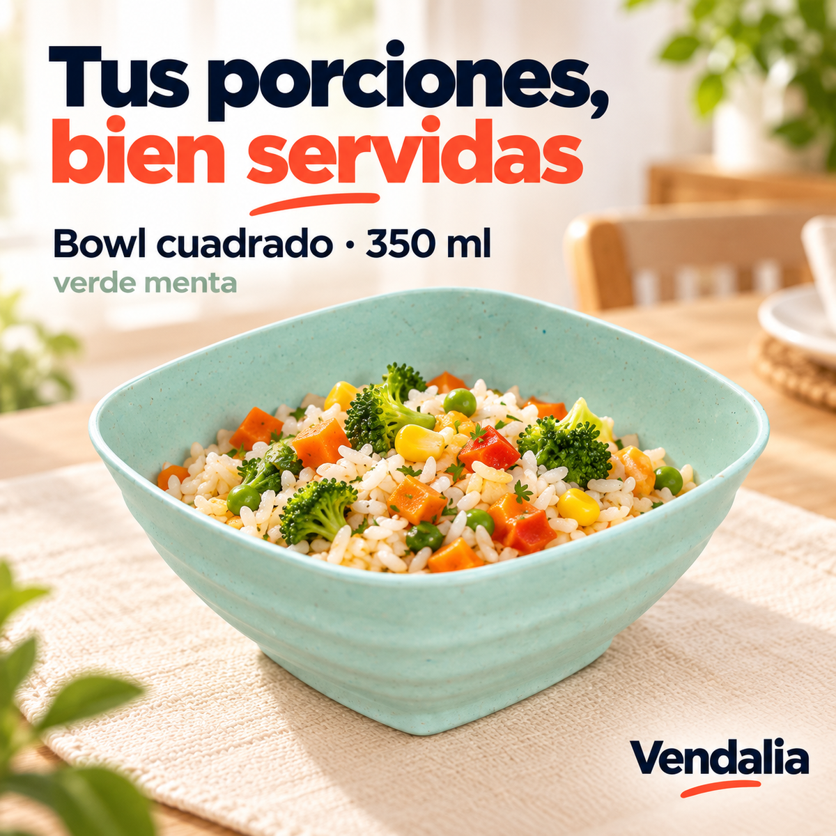Bowl cuadrado verde menta de 350 ml, portada Vendalia; venta por pieza. Alimentos no incluidos.