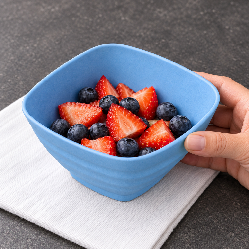 Bowl cuadrado azul visto desde arriba en uso para servir fruta; alimentos no incluidos.
