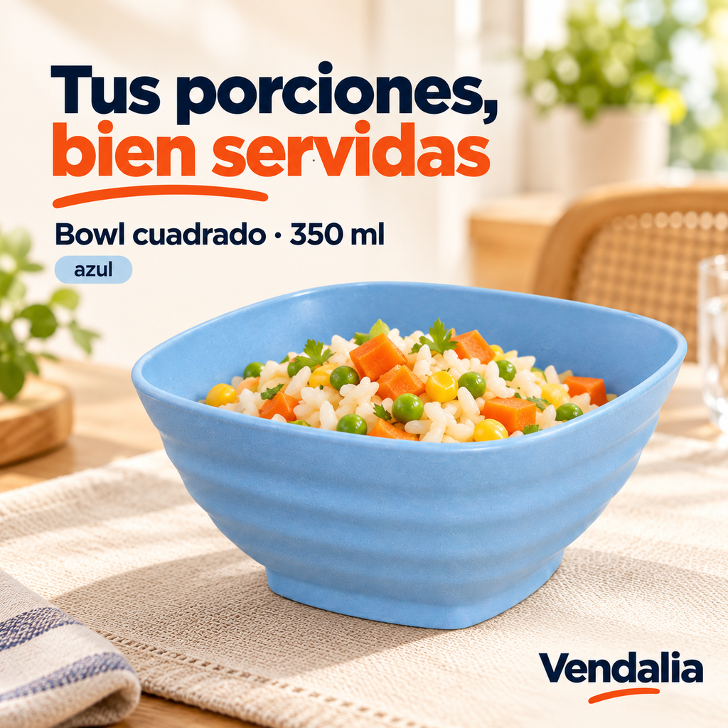 Bowl cuadrado azul de 350 ml, portada Vendalia; venta por pieza. Alimentos no incluidos.
