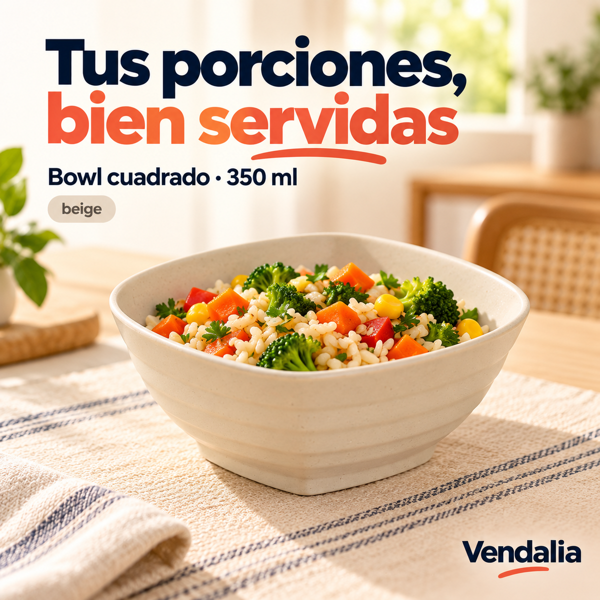 Bowl cuadrado beige de 350 ml, portada Vendalia; venta por pieza. Alimentos no incluidos.