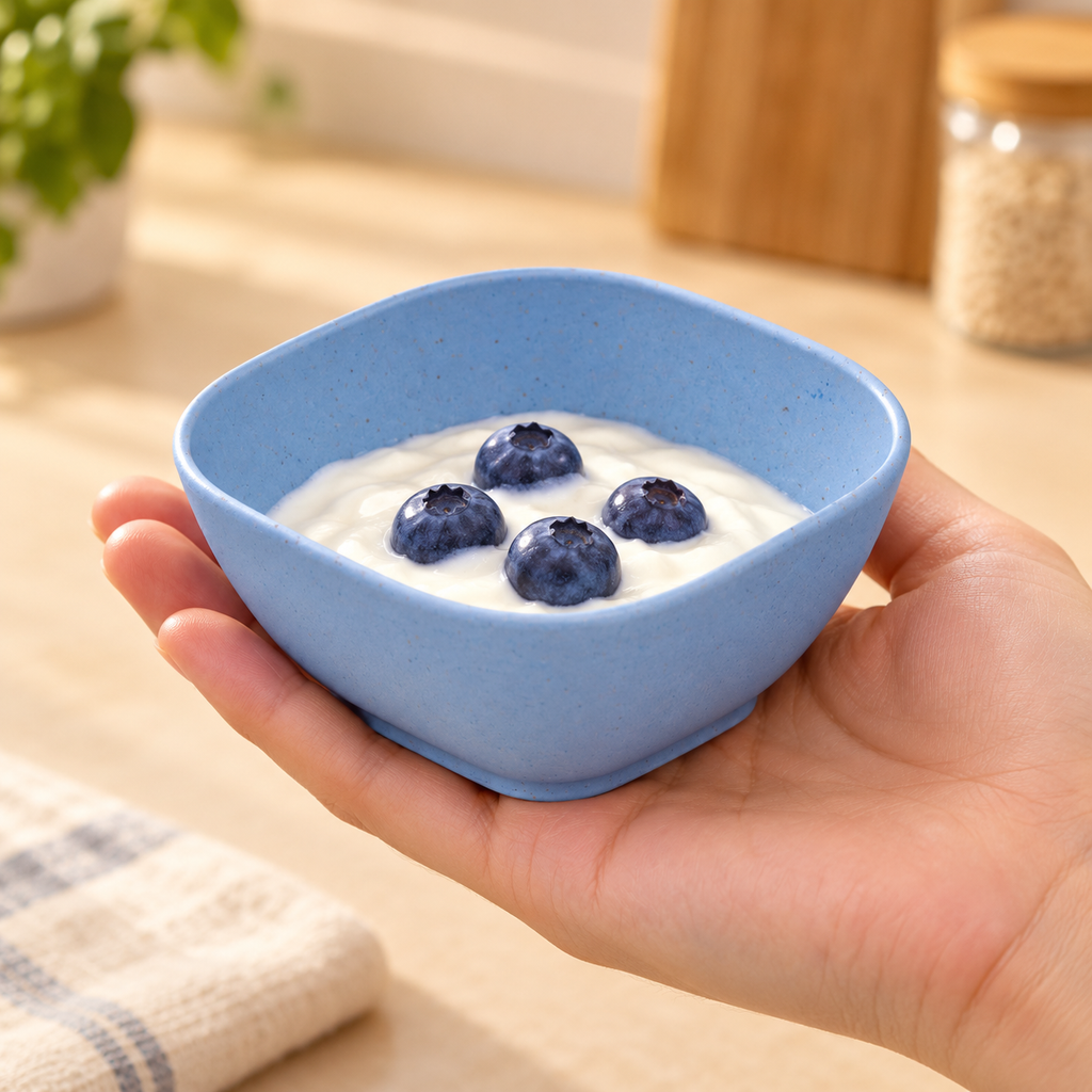Bol mini cuadrado de 150 ml, azul · vista en uso; alimentos no incluidos