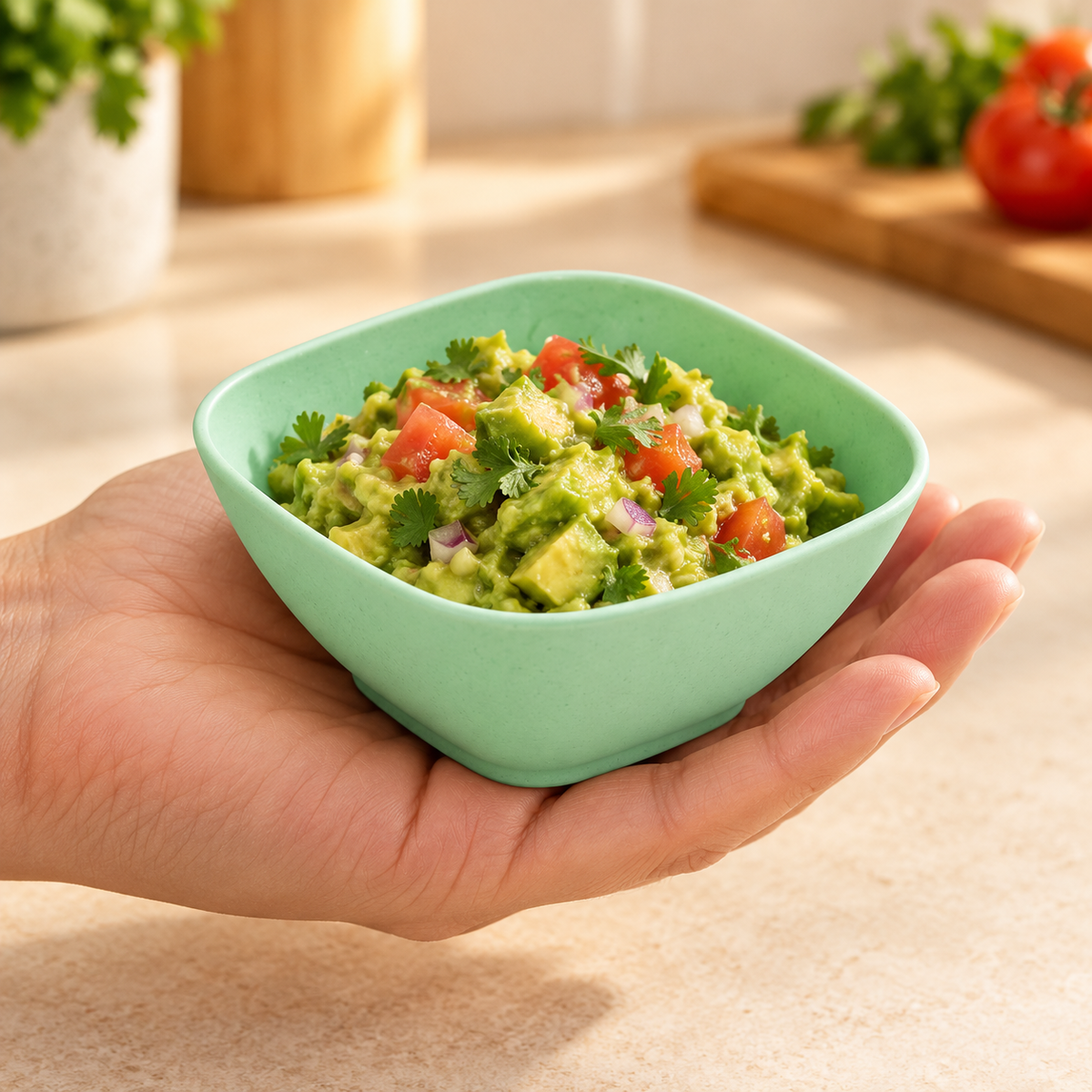 Bol mini cuadrado de 150 ml, verde · vista en uso; alimentos no incluidos