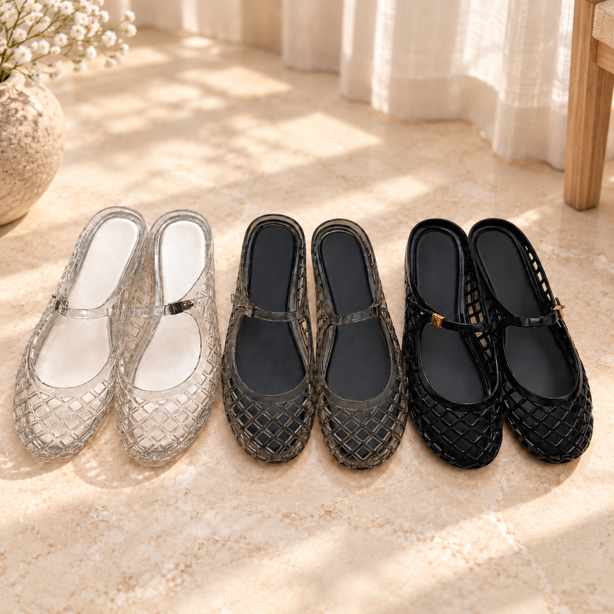 Sandalia Jelly Shoes Valeria Mary Jane Caja 18 Pares · Caja de 18 pares en ambiente de hogar — Vendalia