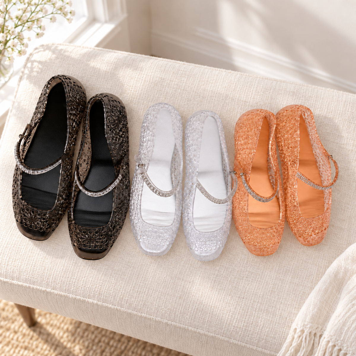 Sandalia Jelly Shoes Regina con Glitter Caja 18 Pares · Caja de 18 pares en ambiente de hogar — Vendalia