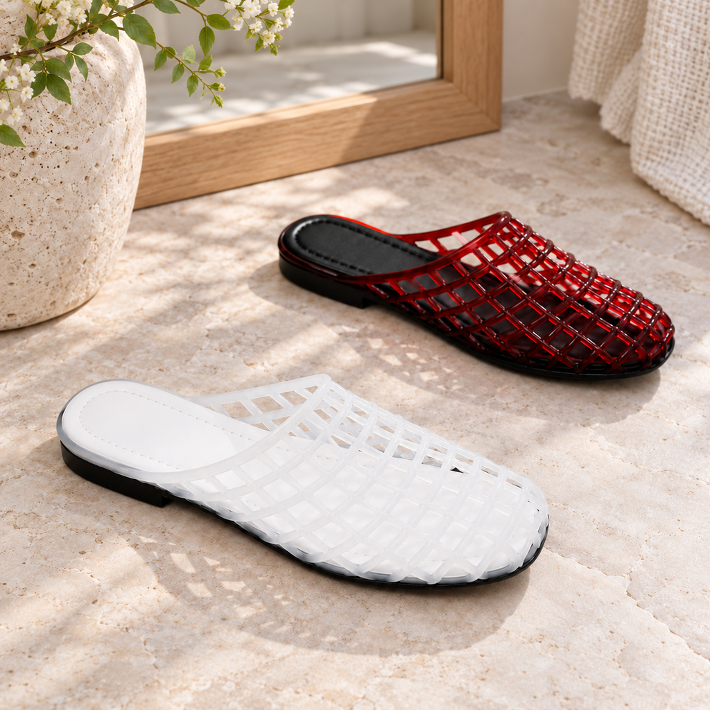 Sandalia Jelly Shoes Fernanda Mule Caja 18 Pares · Caja de 18 pares en ambiente de hogar — Vendalia