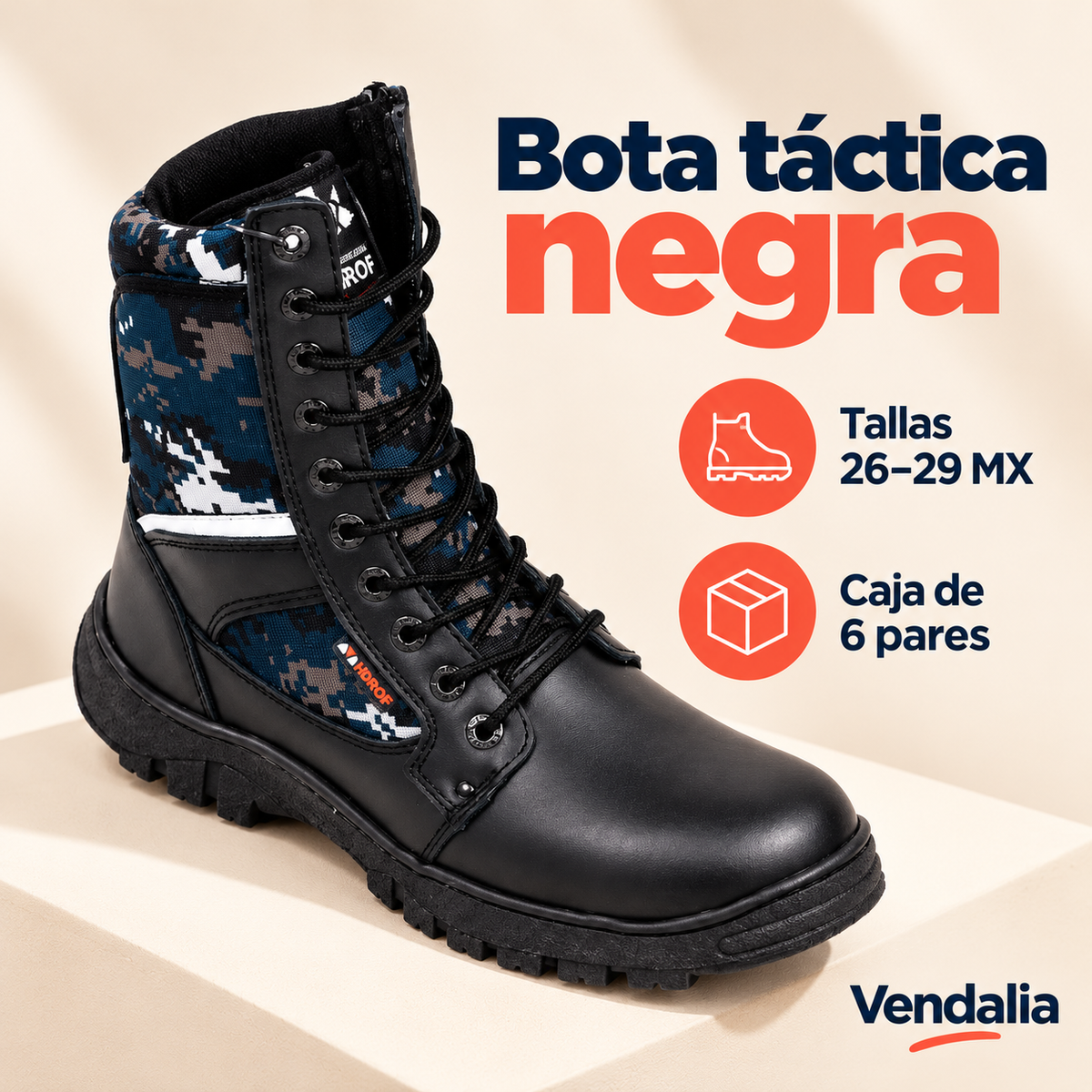Bota táctica negra · presentación Vendalia · SKU 54401